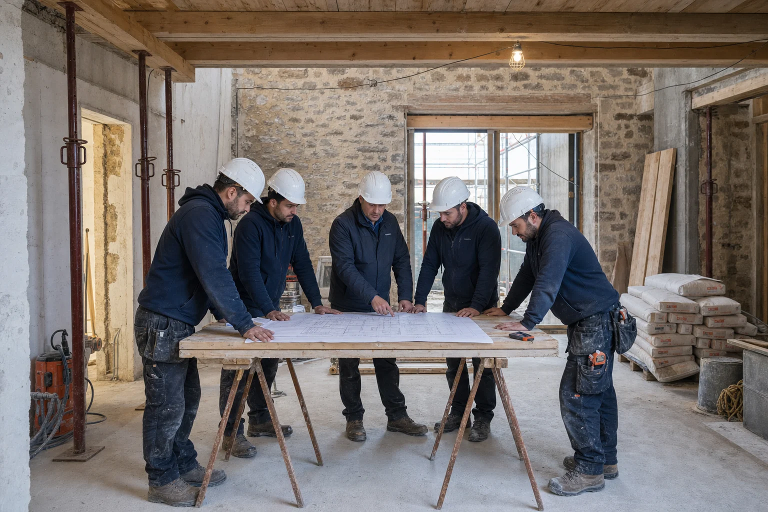 Équipe de chantier réunie autour des plans d'exécution