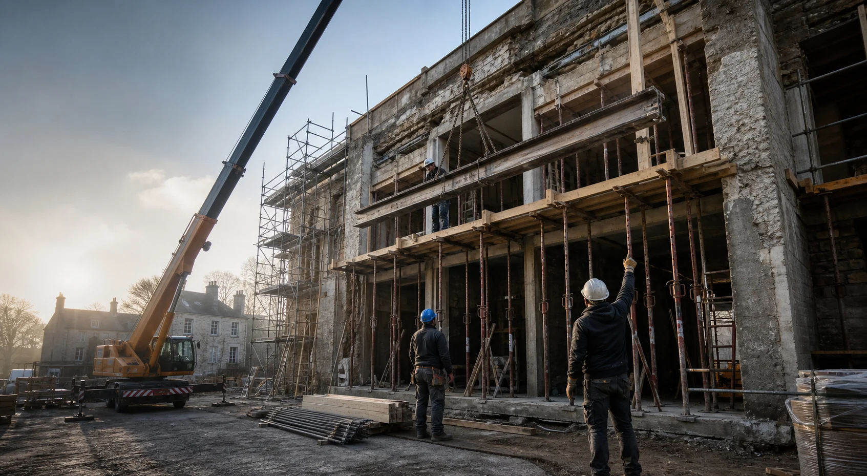 Levage d'une poutre sur un chantier de restructuration VIANA