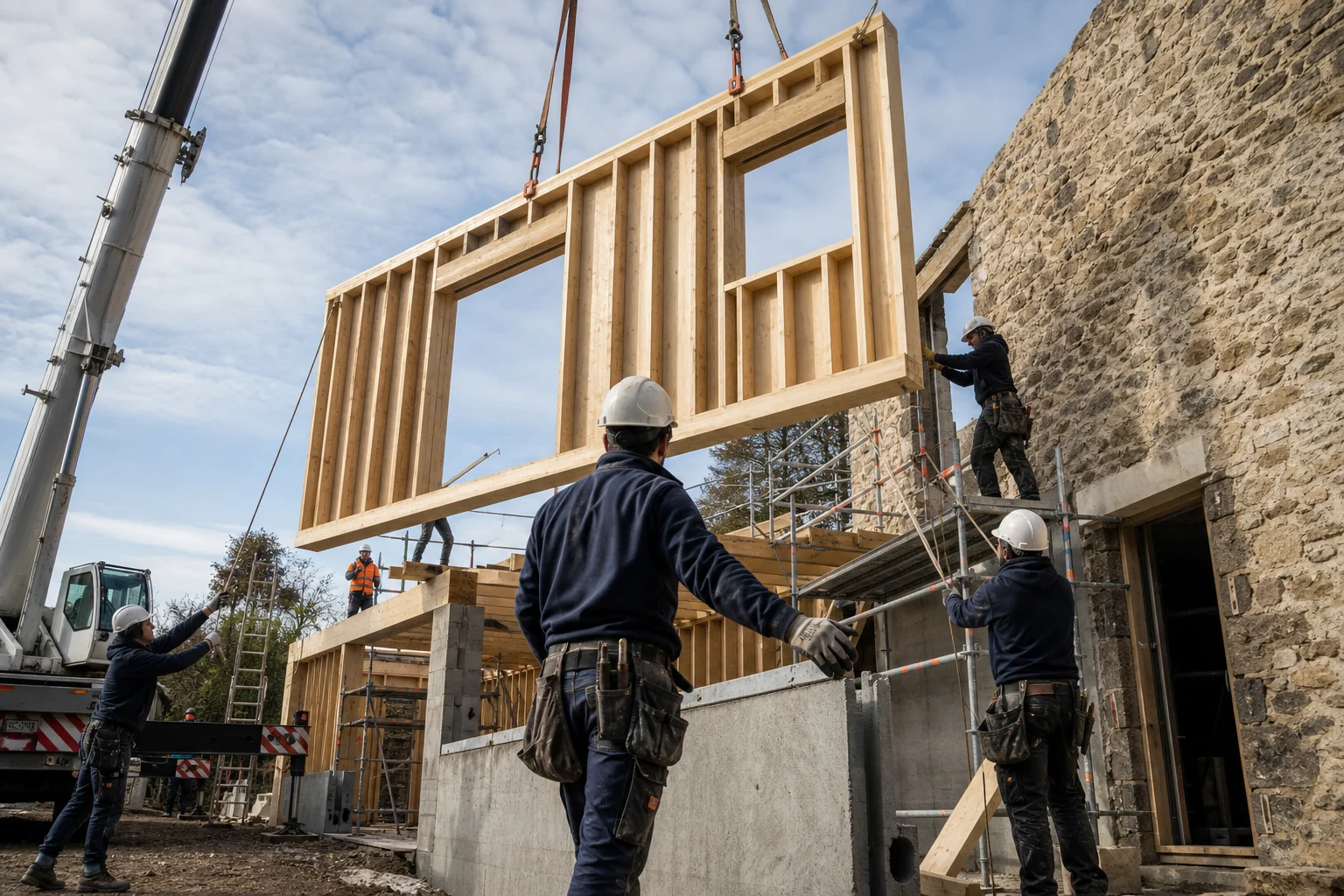 Levage d'une structure à ossature bois
