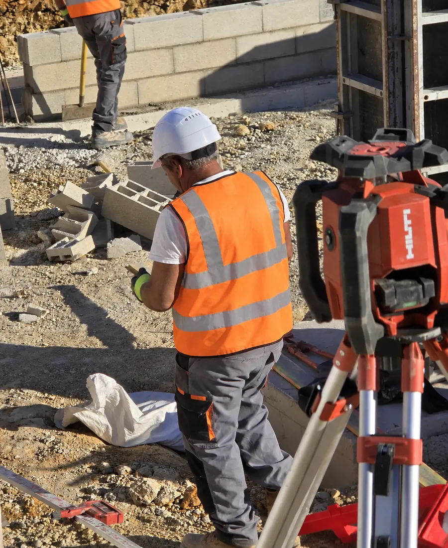 Ouvrier VIANA réalisant une implantation au laser sur un mur en parpaing